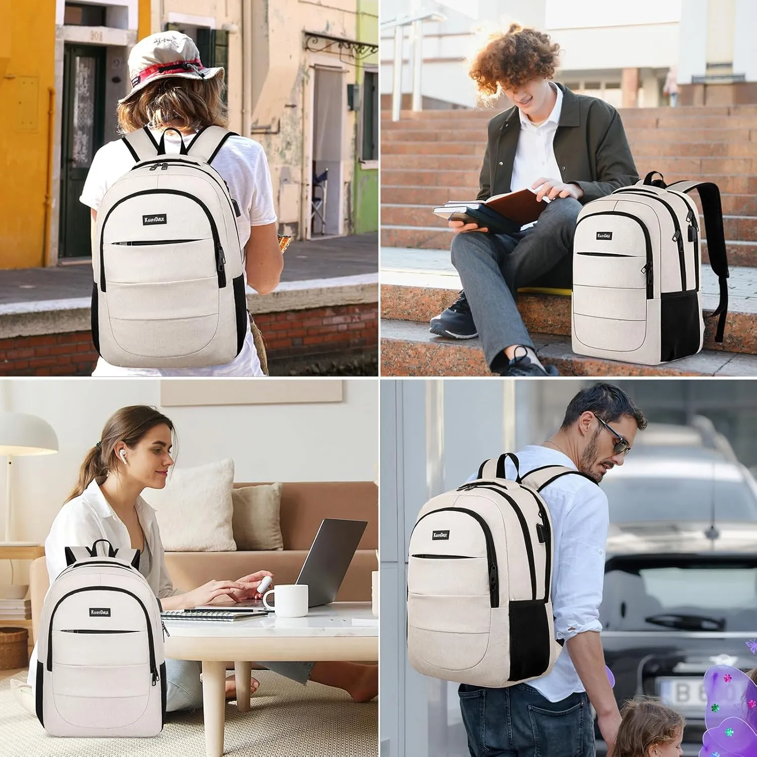 Backpack for Men Women, School Backpack for Boys Girls, 15.6 Inch Laptop Backpack with USB Charging Port, Large High School Bookbags for Teens, Beige