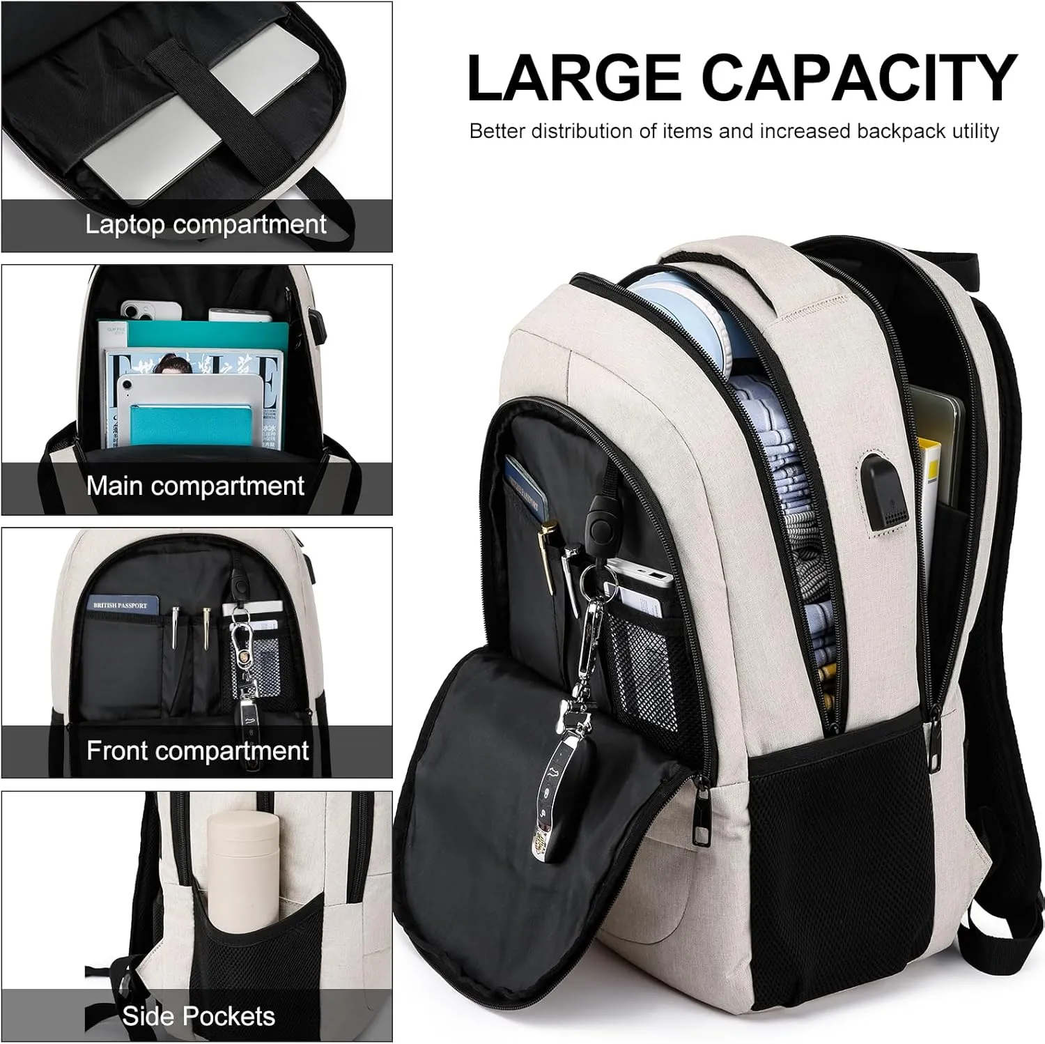 Backpack for Men Women, School Backpack for Boys Girls, 15.6 Inch Laptop Backpack with USB Charging Port, Large High School Bookbags for Teens, Beige