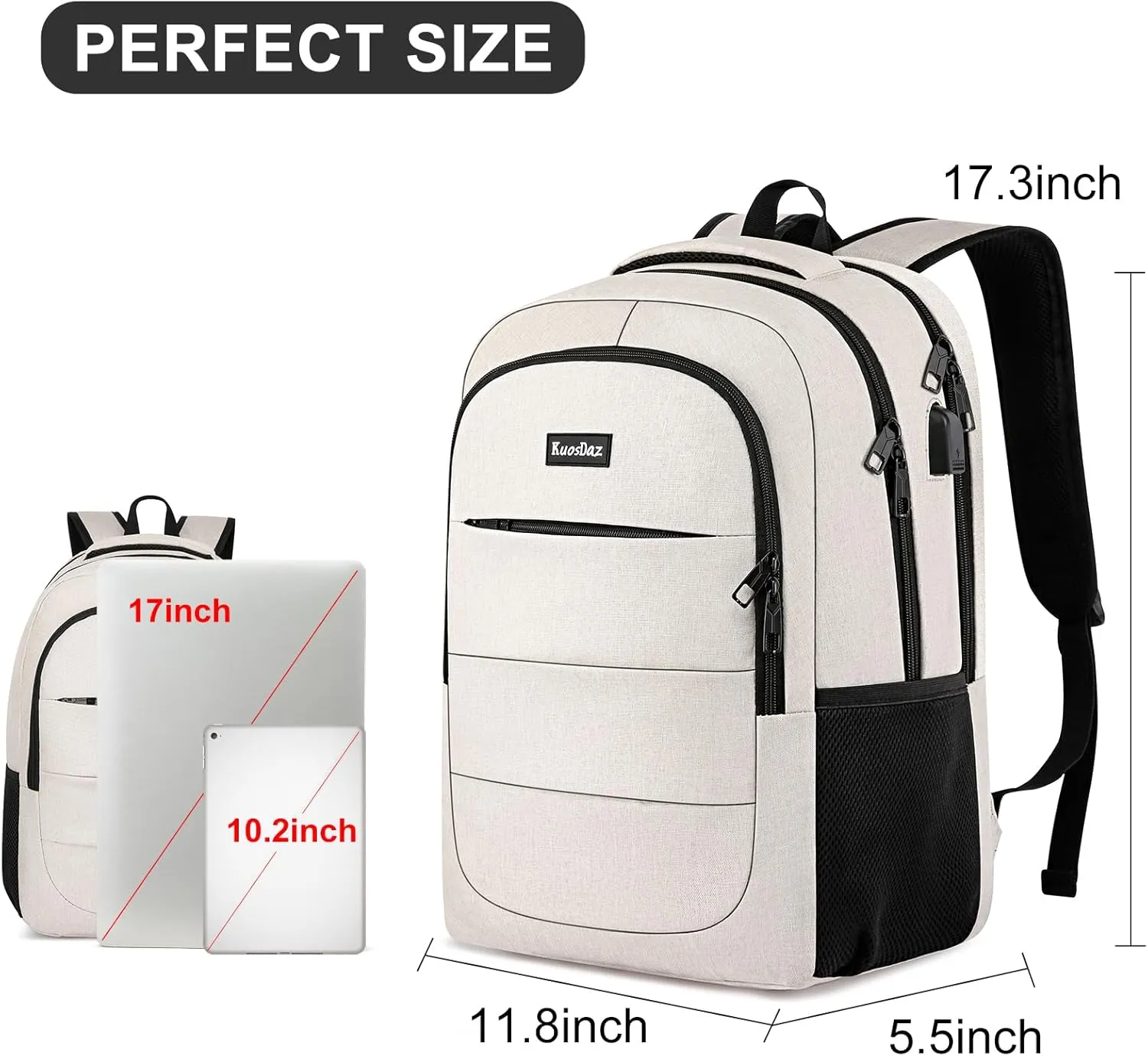 Backpack for Men Women, School Backpack for Boys Girls, 15.6 Inch Laptop Backpack with USB Charging Port, Large High School Bookbags for Teens, Beige