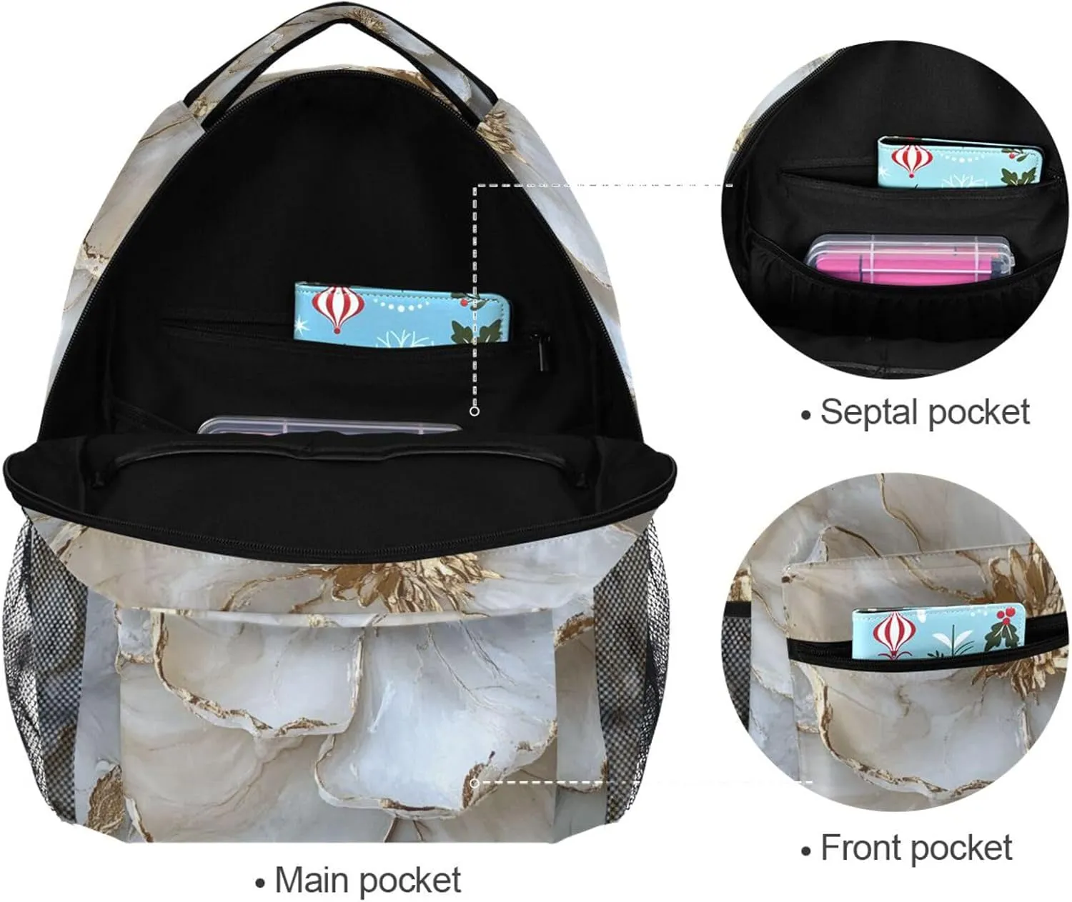 Backpacks for Teacher Nurse Fashion Travel Laptop Backpack with Chest Strap Gift Men & Women Marble White Beige