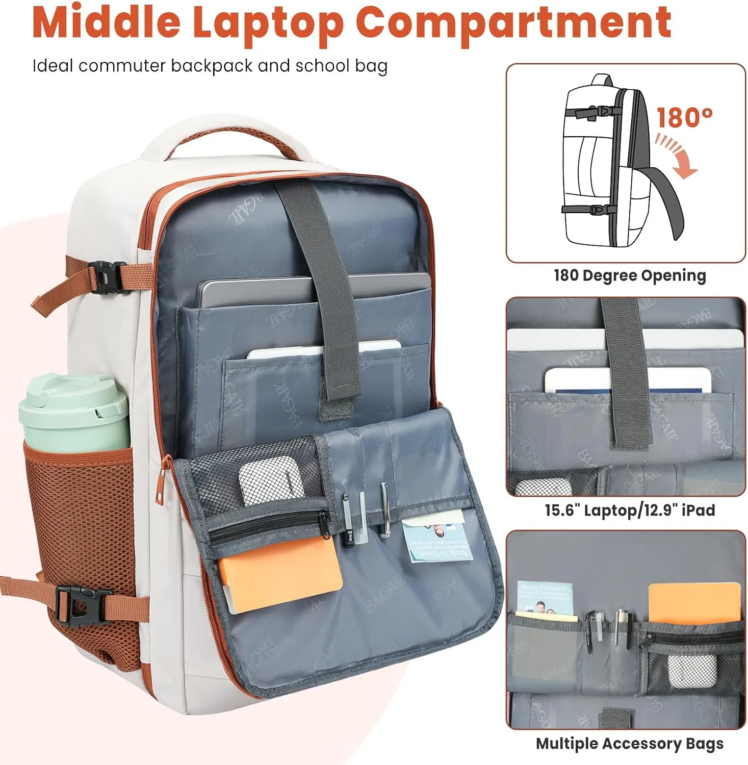 BAGAIL Travel Laptop Backpack, Carry on with USB Port, Luggage Bag for Holiday-Beige