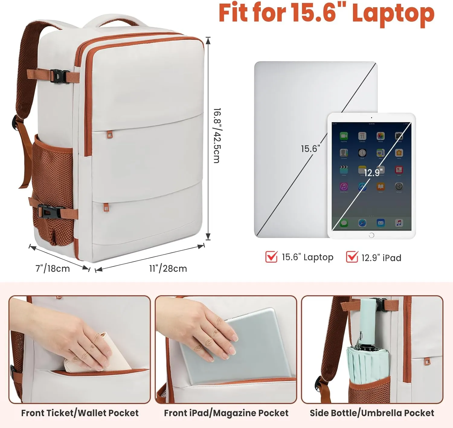 BAGAIL Travel Laptop Backpack, Carry on with USB Port, Luggage Bag for Holiday-Beige