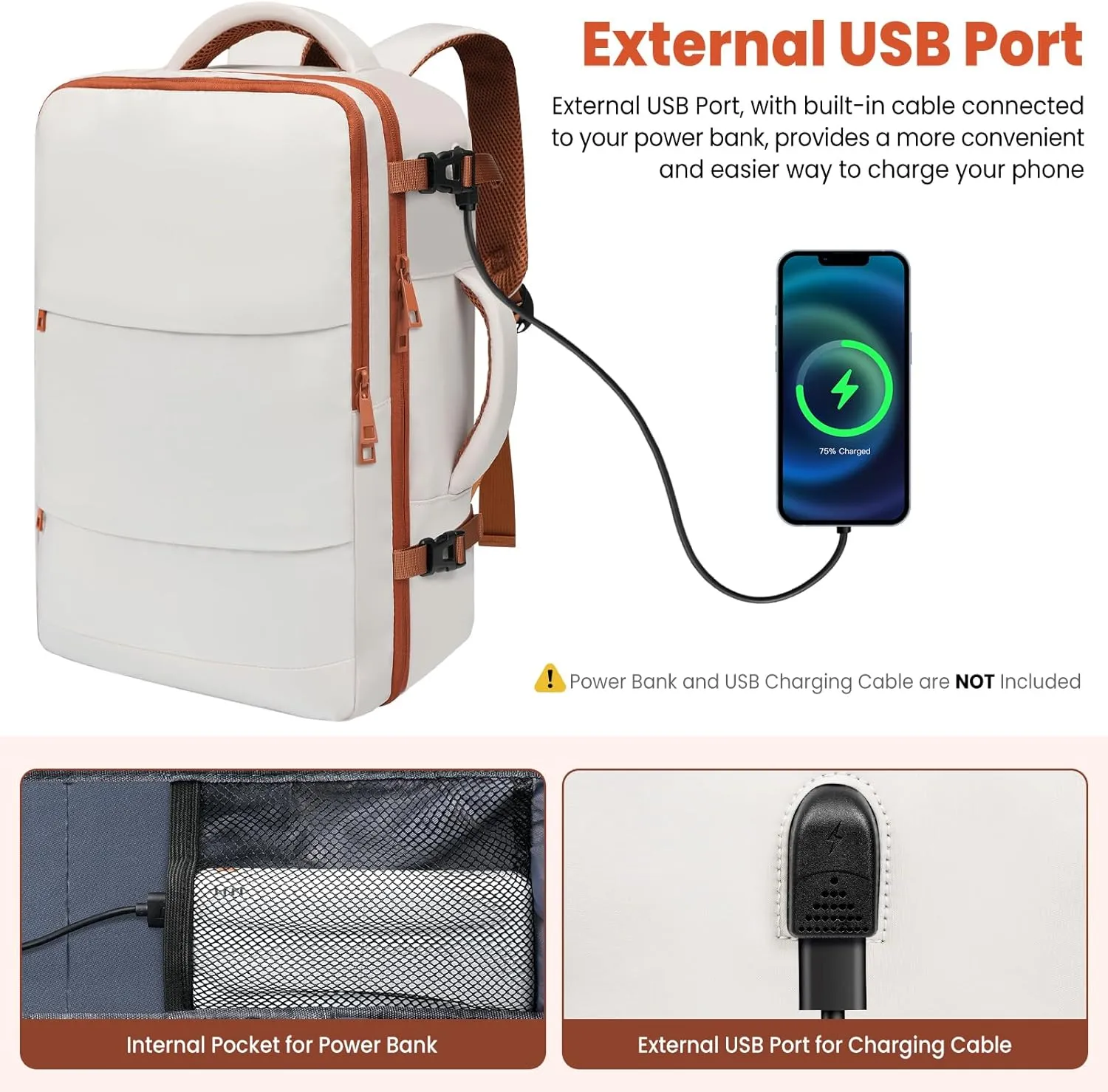 BAGAIL Travel Laptop Backpack, Carry on with USB Port, Luggage Bag for Holiday-Beige