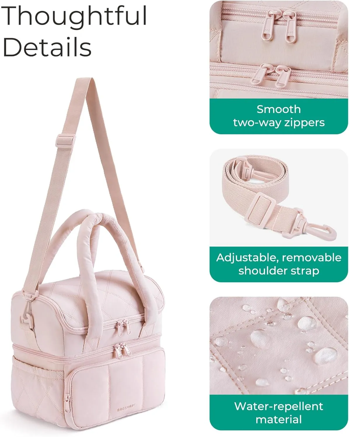 BAGSMART Lunch Bag Women, Double Deck Insulated Lunch Box, Quilted Puffer Lunch Tote, Leakproof, Durable & Reusable Large Lunch Cooler For Work Picnic Travel Meal Prep, Camel