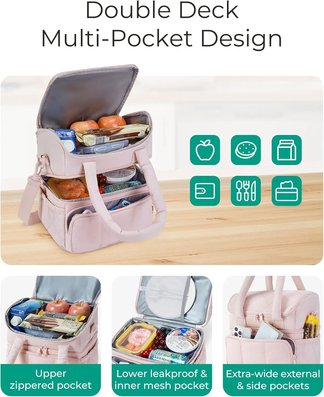 BAGSMART Lunch Bag Women, Double Deck Insulated Lunch Box, Quilted Puffer Lunch Tote, Leakproof, Durable & Reusable Large Lunch Cooler For Work Picnic Travel Meal Prep, Camel