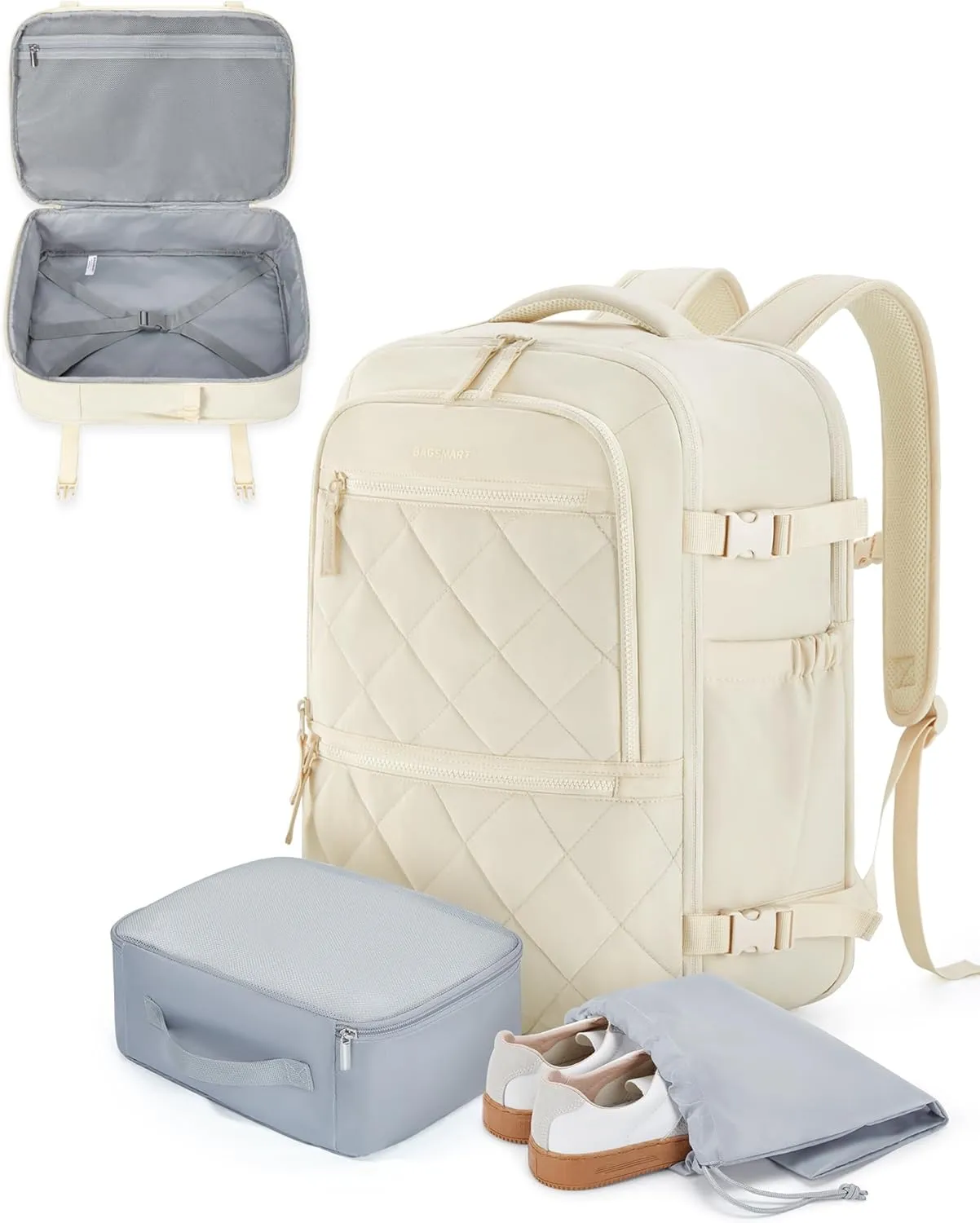 BAGSMART Travel Backpack for Women Men, 30L Carry on Backpack for Airplanes, 17 Inches Backpack for Women, with Shoe Bag & Storage Bag, Backpack Suitcase for Travel, Beige