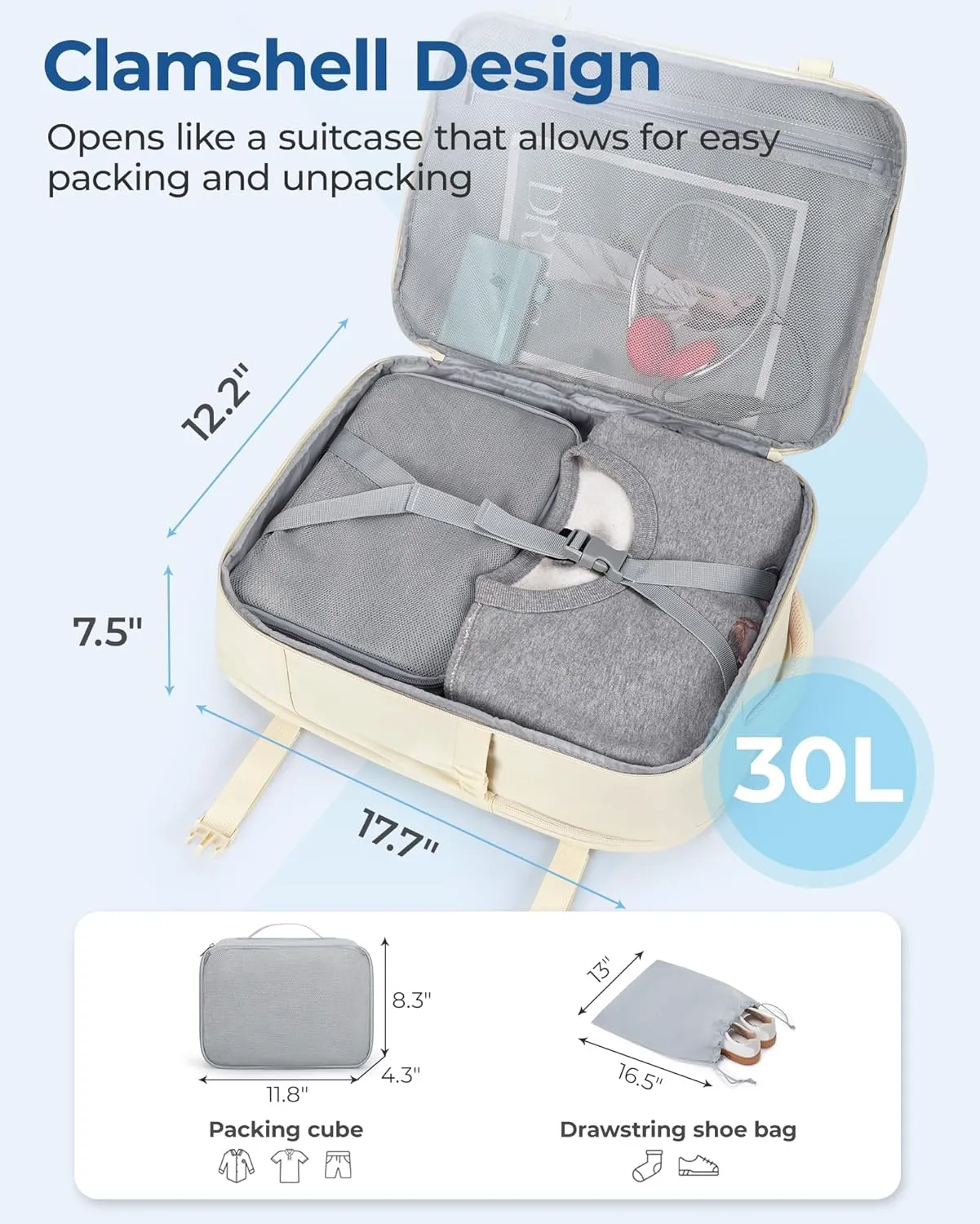 BAGSMART Travel Backpack for Women Men, 30L Carry on Backpack for Airplanes, 17 Inches Backpack for Women, with Shoe Bag & Storage Bag, Backpack Suitcase for Travel, Beige