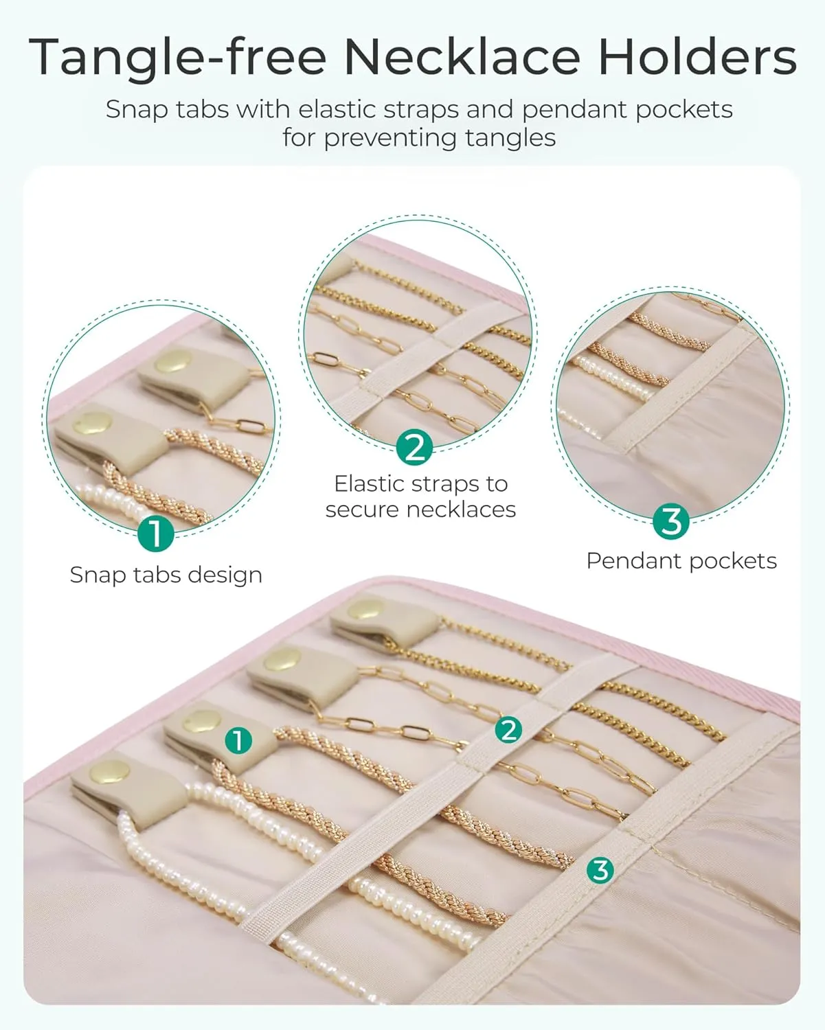 BAGSMART Travel Jewelry Case Organizer, Roll Foldable Jewelry Case for Journey-Rings, Necklaces, Earrings, Bracelets, Brooches, Portable Travel Essentials, Elegant Soft Beige