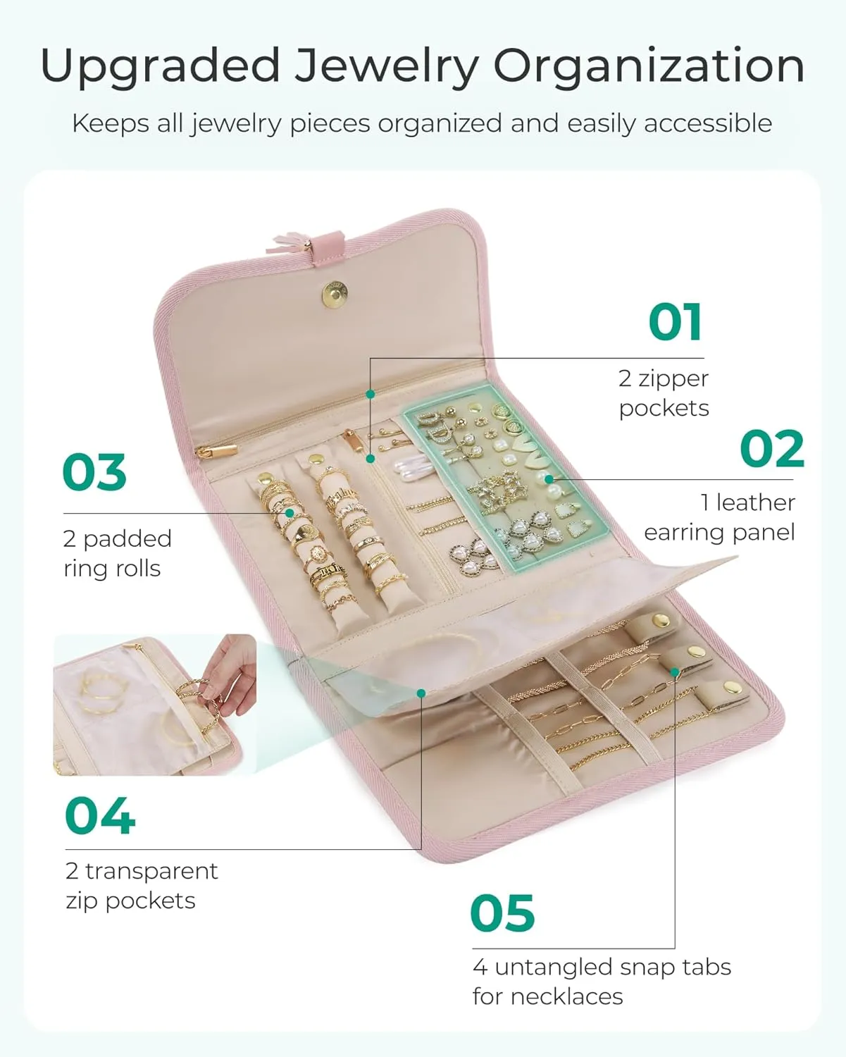 BAGSMART Travel Jewelry Case Organizer, Roll Foldable Jewelry Case for Journey-Rings, Necklaces, Earrings, Bracelets, Brooches, Portable Travel Essentials, Elegant Soft Beige