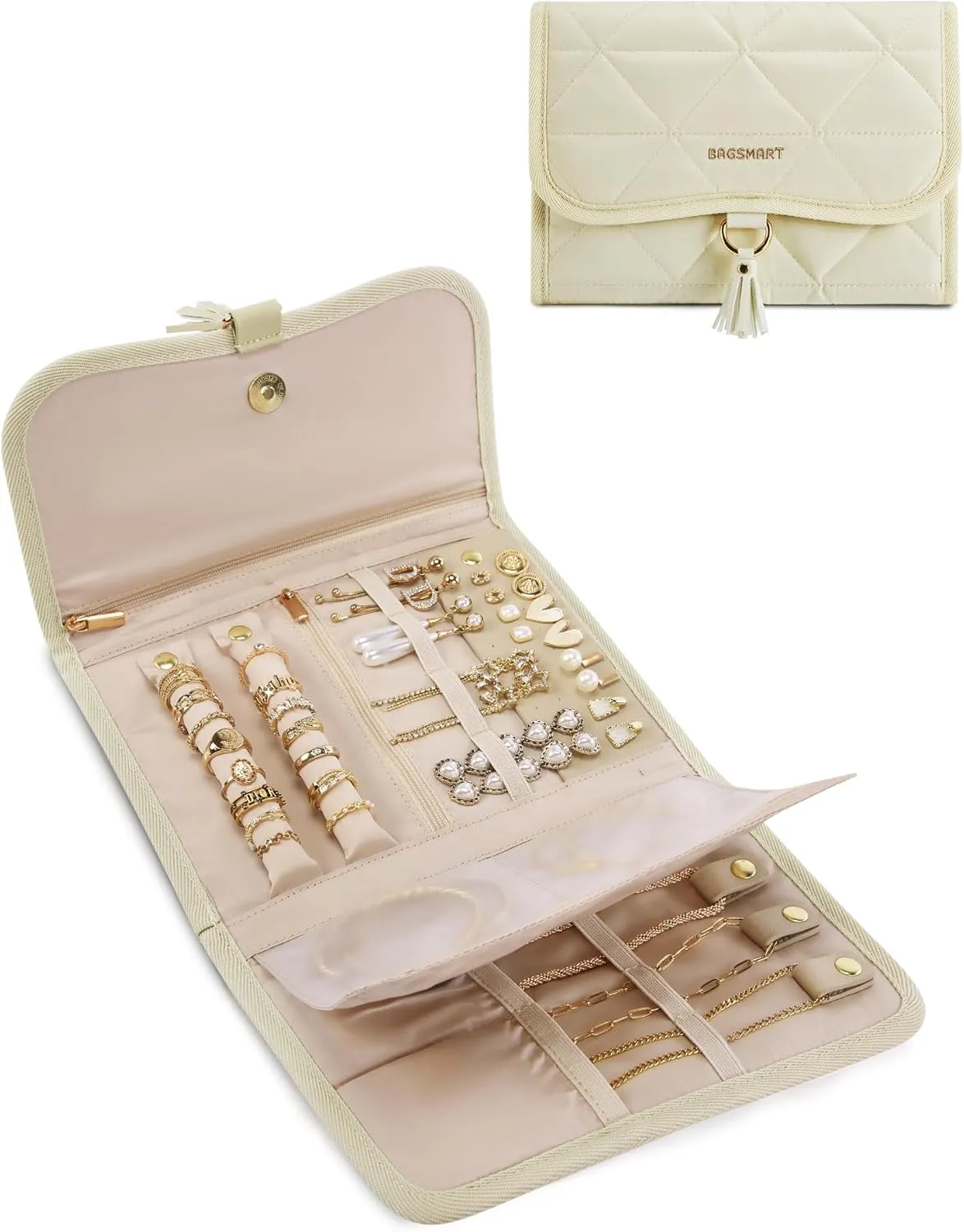 BAGSMART Travel Jewelry Case Organizer, Roll Foldable Jewelry Case for Journey-Rings, Necklaces, Earrings, Bracelets, Brooches, Portable Travel Essentials, Elegant Soft Beige