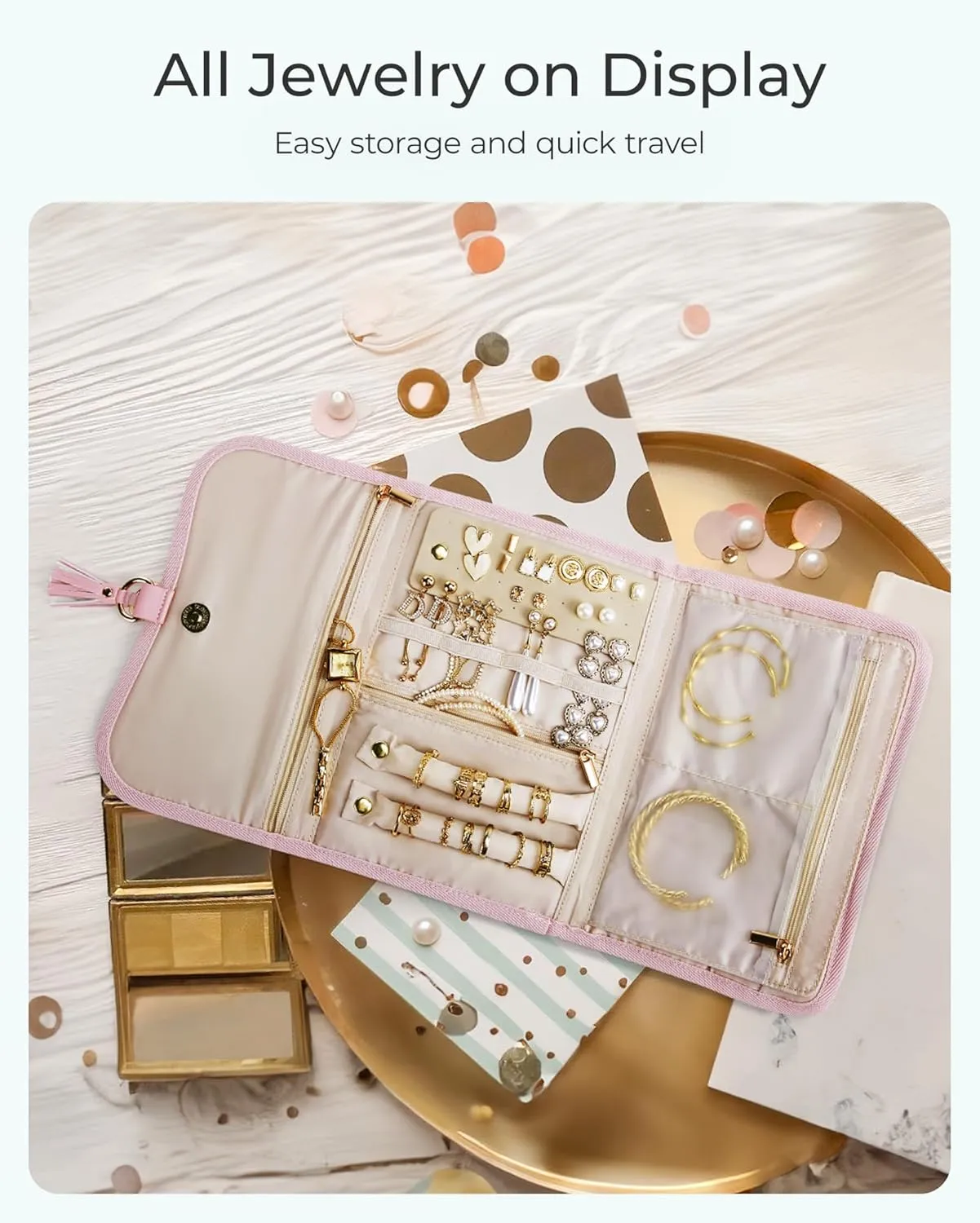 BAGSMART Travel Jewelry Case Organizer, Roll Foldable Jewelry Case for Journey-Rings, Necklaces, Earrings, Bracelets, Brooches, Portable Travel Essentials, Elegant Soft Beige