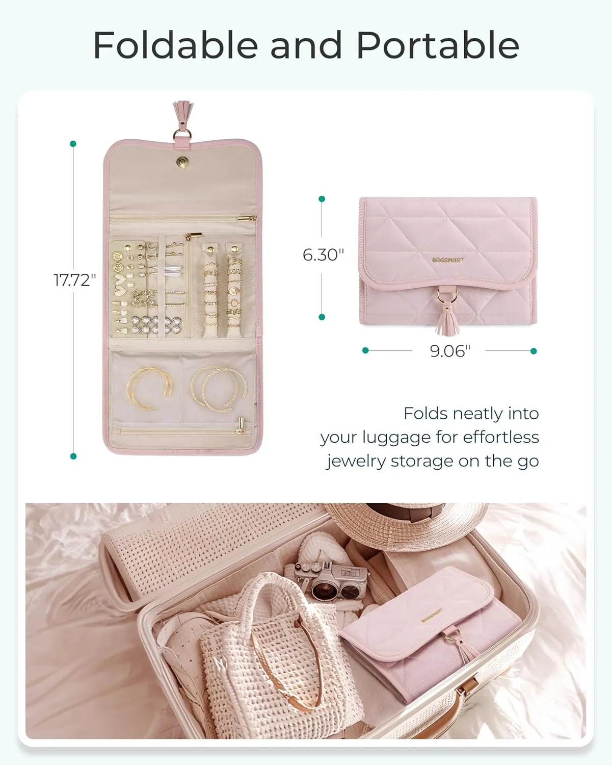 BAGSMART Travel Jewelry Case Organizer, Roll Foldable Jewelry Case for Journey-Rings, Necklaces, Earrings, Bracelets, Brooches, Portable Travel Essentials, Elegant Soft Beige
