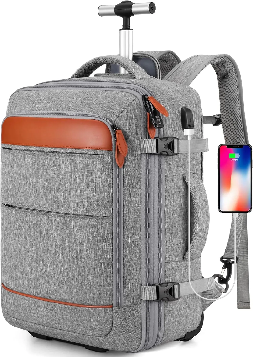 Bagsure Rolling Backpack for Men and Women, Travel Backpack with Wheels, 17.3 Inch Carry-On Laptop Backpack for Business and Work, Large Capacity Rolling