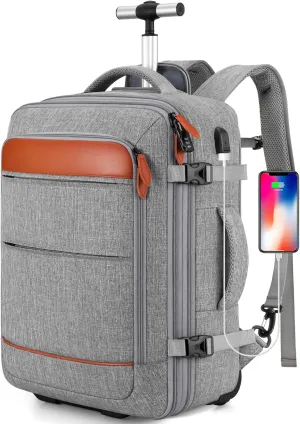 Bagsure Rolling Backpack for Men and Women, Travel Backpack with Wheels, 17.3 Inch Carry-On Laptop Backpack for Business and Work, Large Capacity Rolling