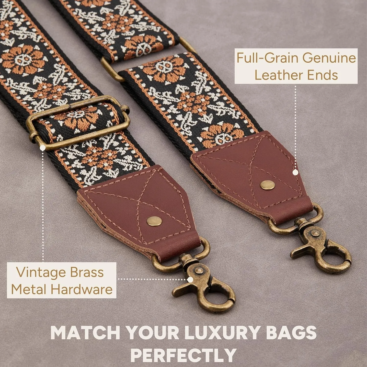 BAKKO Crossbody Strap Full Grain Leather Ends Brass Metal Hardware 2" Wide Replacement Shoulder Strap