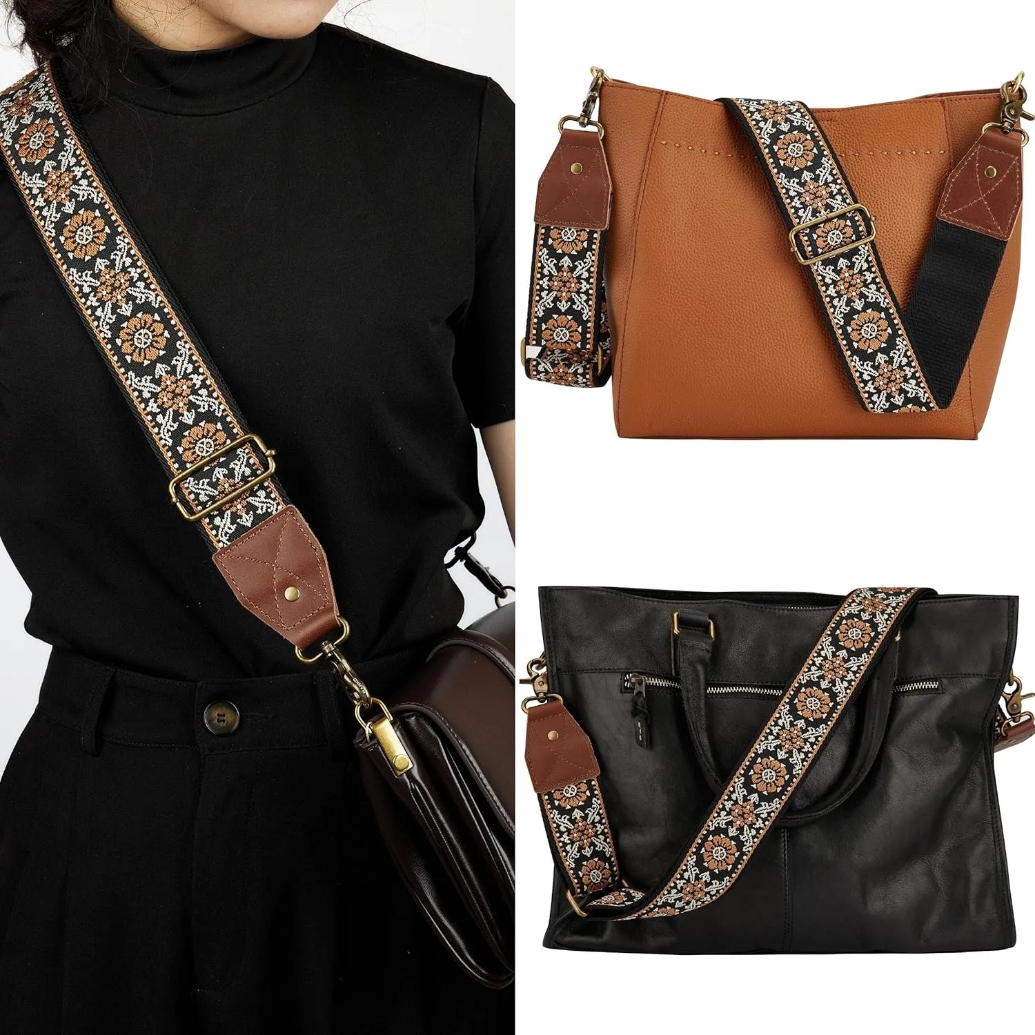 BAKKO Crossbody Strap Full Grain Leather Ends Brass Metal Hardware 2" Wide Replacement Shoulder Strap