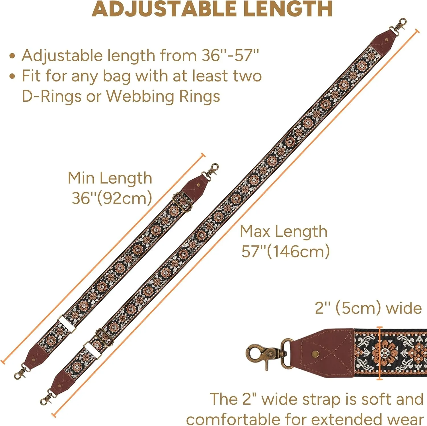 BAKKO Crossbody Strap Full Grain Leather Ends Brass Metal Hardware 2" Wide Replacement Shoulder Strap