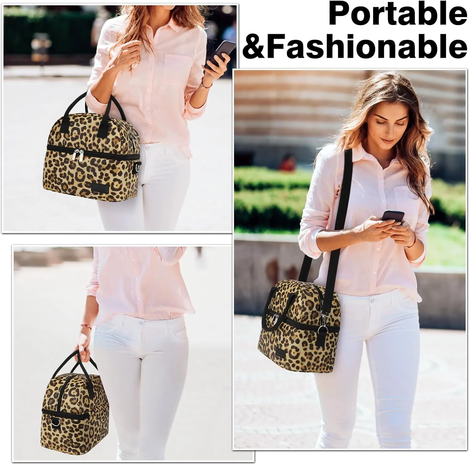 BALORAY Lunch Bag for Women Men, Double Deck Lunch Box for Adults, PU Leather Lunch Tote Bag Insulated Lunch Bags with Strap for Work Office Picnic