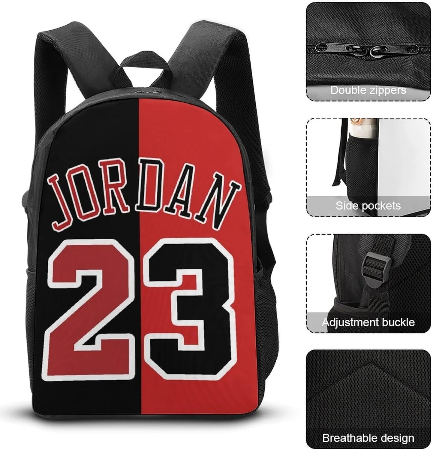 Basketball 23 Themed Backpack Set - 3-Piece Combo with Lunch Bag & Pencil Case, 17 Inch Durable Red Black Design for Sports Enthusiasts