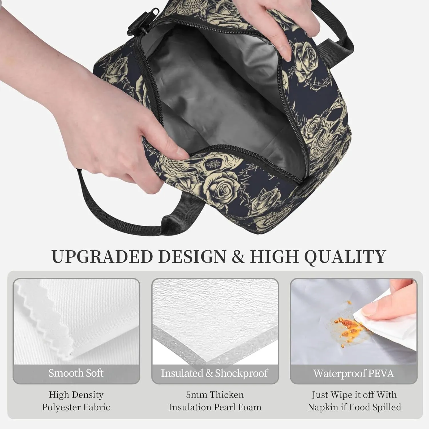 bassyil Skull Insulated Lunch Bag Reusable Lunch Box With Adjustable Shoulder Strap Cooler Tote Bag For Men Women