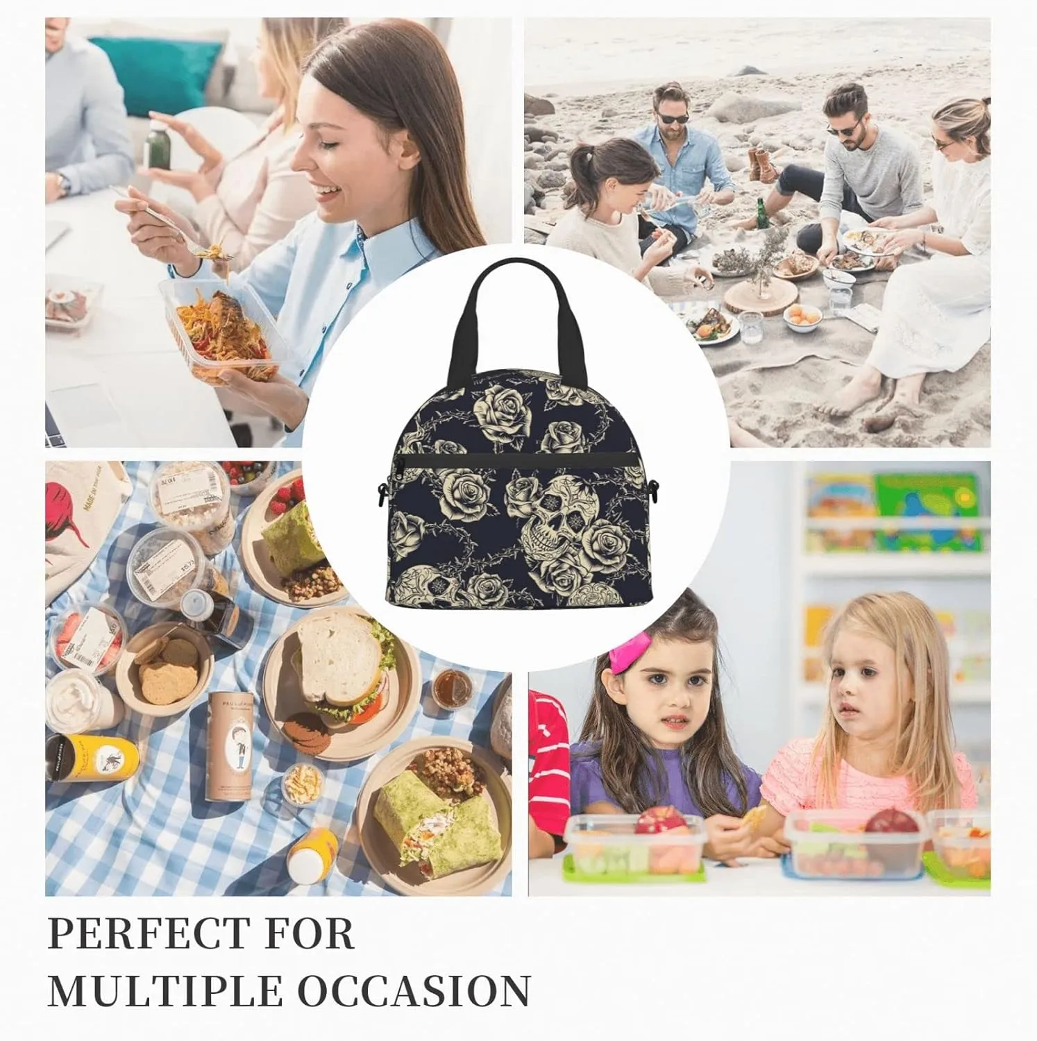 bassyil Skull Insulated Lunch Bag Reusable Lunch Box With Adjustable Shoulder Strap Cooler Tote Bag For Men Women