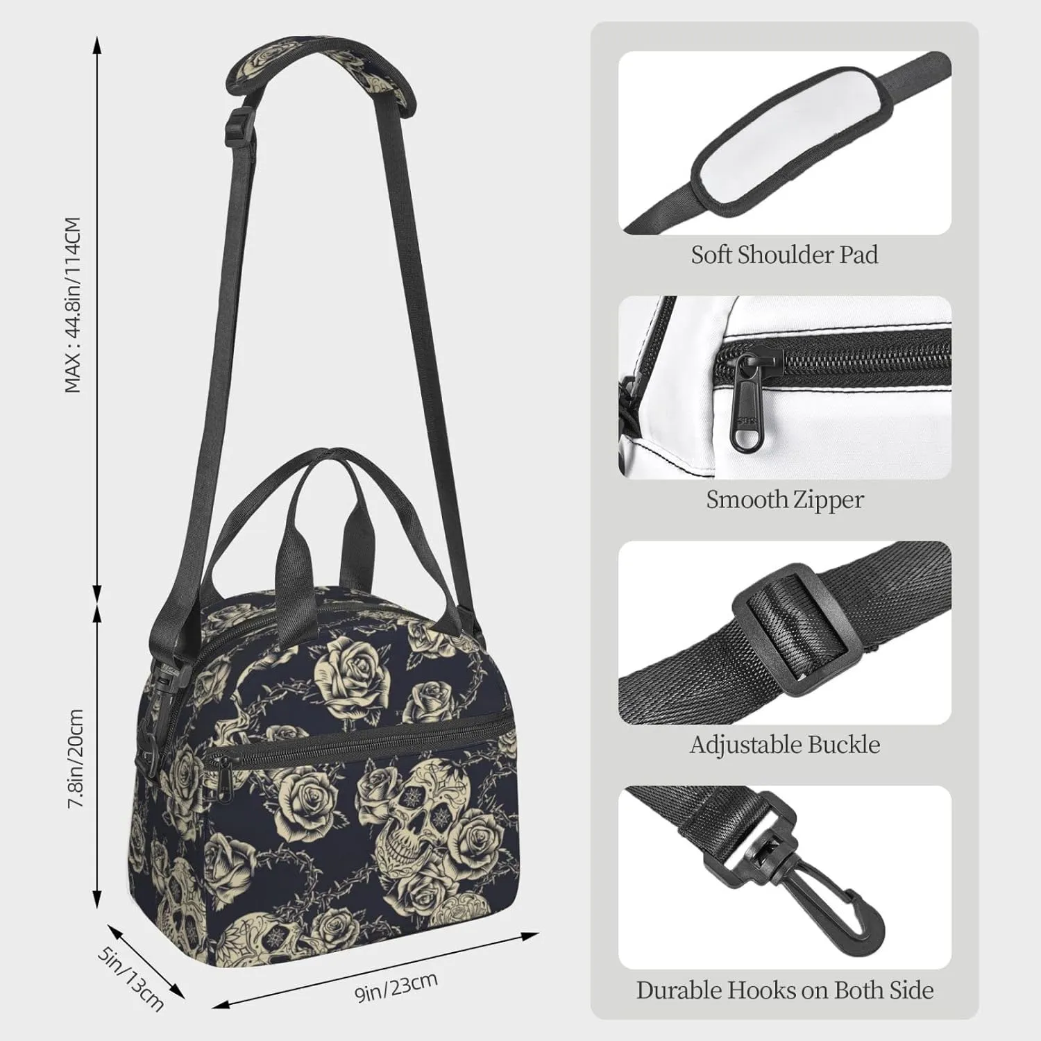 bassyil Skull Insulated Lunch Bag Reusable Lunch Box With Adjustable Shoulder Strap Cooler Tote Bag For Men Women