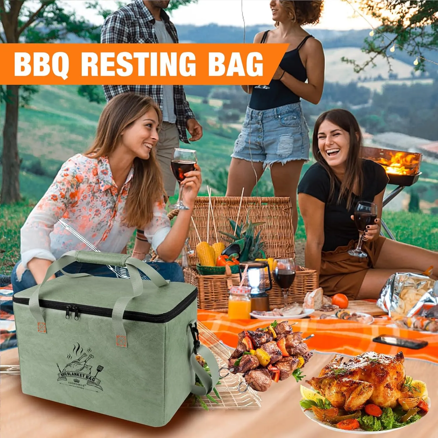 BBQ Blanket for Resting Meat, Reusable Insulated Brisket Resting Blanket, Large Capacity BBQ Meat Blanket Bag with Adjustable Shoulder Strap, Smoker Meat Insulated Resting Bag for BBQ Meat