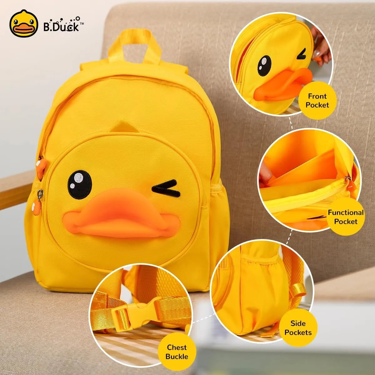 B.Duck Kid Backpack Cartoon Duck Fuuny Waterproof Toddler Bookbag Daypack for Kindergarten