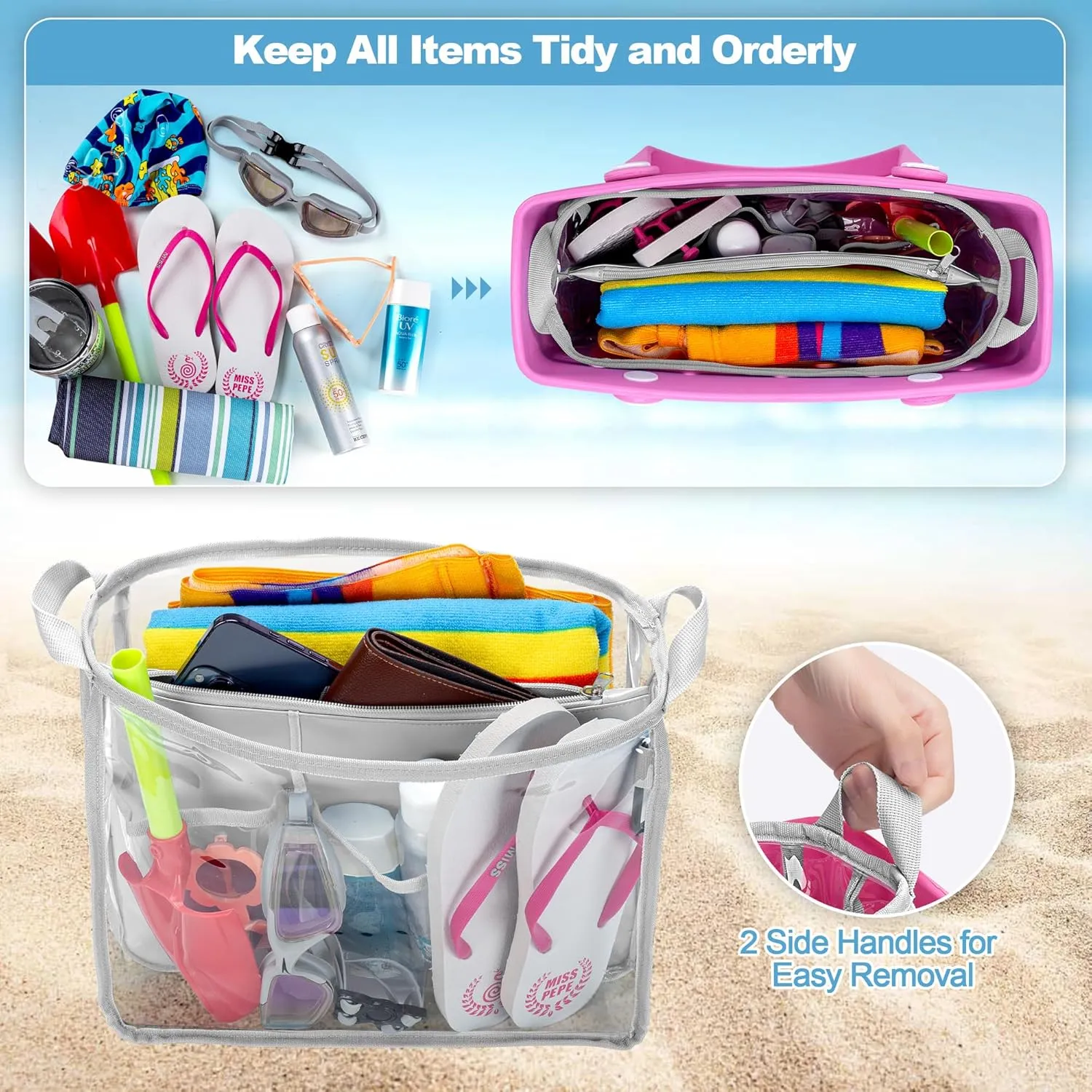 Beach Bag Organizer Insert (12.4in x 10.2in x 4.3in) Compatible with Bogg Bag(15in x 13in x 5.25in), Beach Tote Bag Waterproof Organizer Liner Insert Divider Pouch, Gray