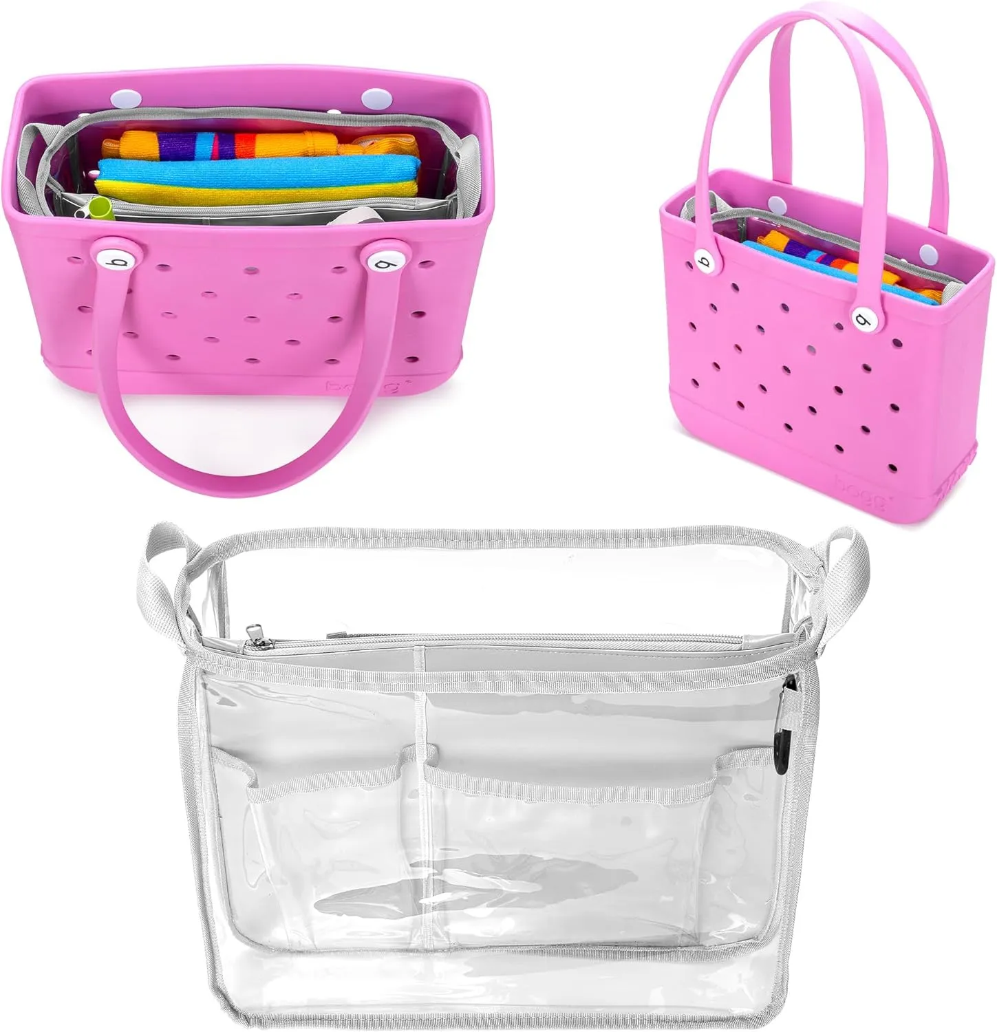 Beach Bag Organizer Insert (12.4in x 10.2in x 4.3in) Compatible with Bogg Bag(15in x 13in x 5.25in), Beach Tote Bag Waterproof Organizer Liner Insert Divider Pouch, Gray