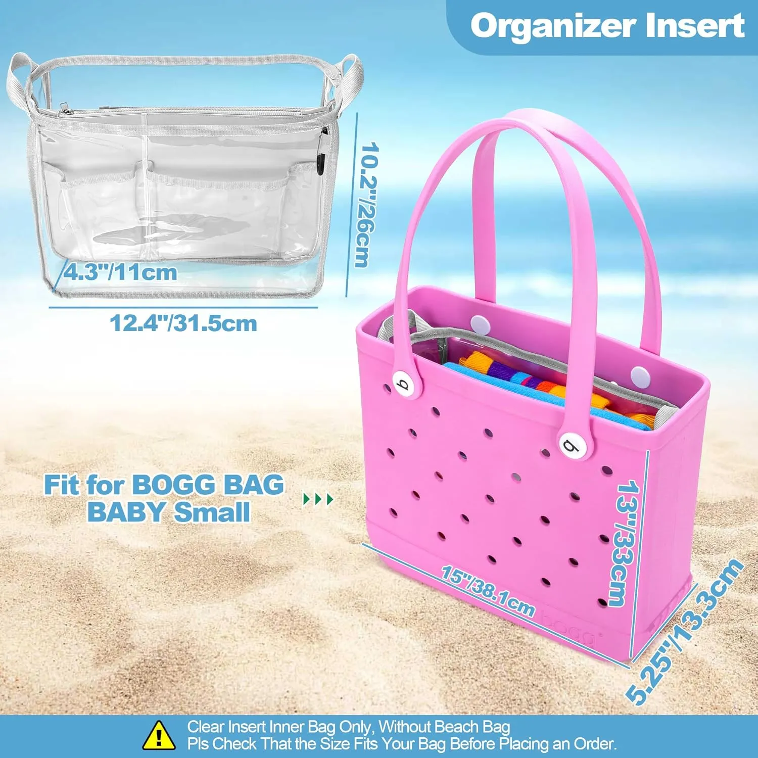 Beach Bag Organizer Insert (12.4in x 10.2in x 4.3in) Compatible with Bogg Bag(15in x 13in x 5.25in), Beach Tote Bag Waterproof Organizer Liner Insert Divider Pouch, Gray