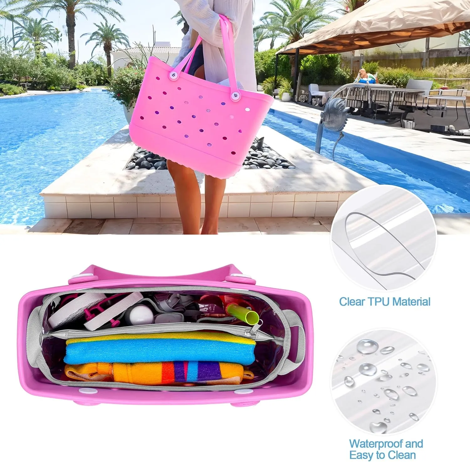 Beach Bag Organizer Insert (12.4in x 10.2in x 4.3in) Compatible with Bogg Bag(15in x 13in x 5.25in), Beach Tote Bag Waterproof Organizer Liner Insert Divider Pouch, Gray