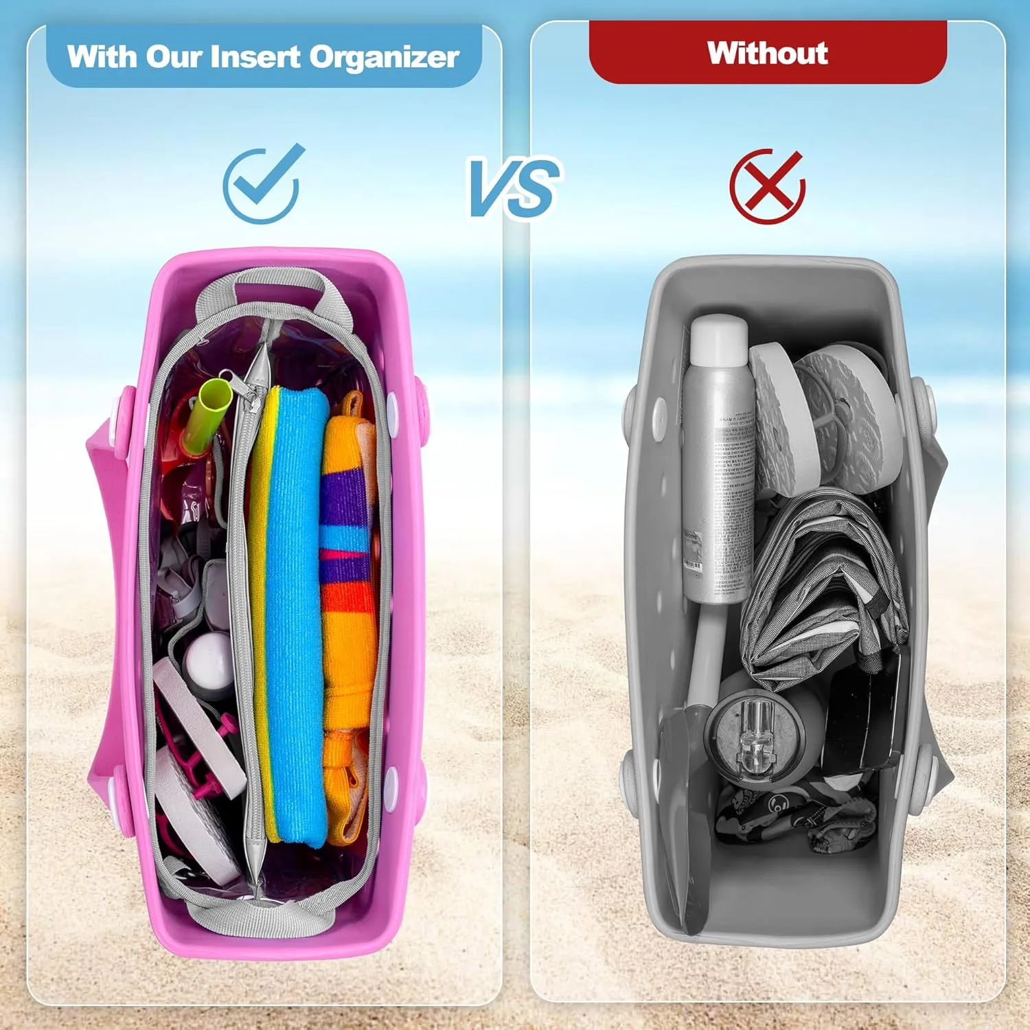 Beach Bag Organizer Insert (12.4in x 10.2in x 4.3in) Compatible with Bogg Bag(15in x 13in x 5.25in), Beach Tote Bag Waterproof Organizer Liner Insert Divider Pouch, Gray
