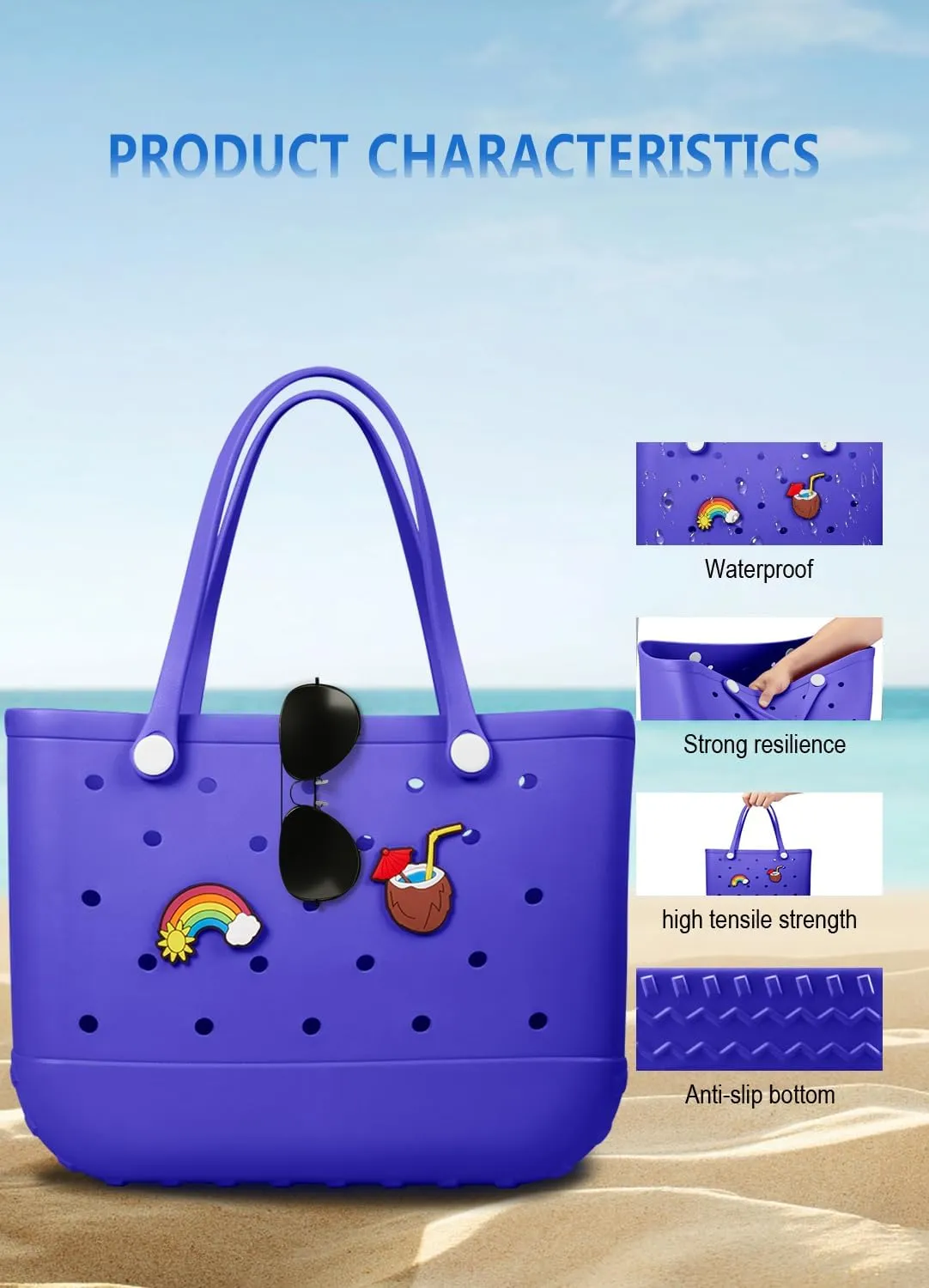 Beach Bag Rubber Tote Bag - Waterproof Travel Bag for Women Washable Tote Bag Handbag for Sports Beach Market Pool