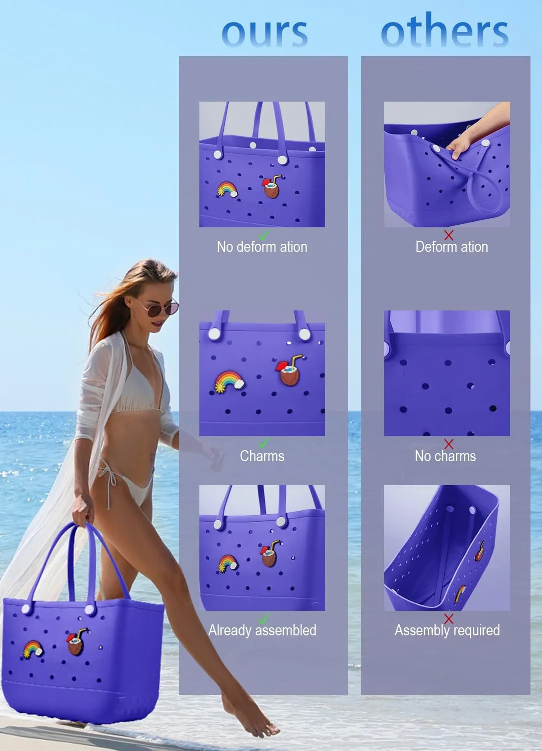 Beach Bag Rubber Tote Bag - Waterproof Travel Bag for Women Washable Tote Bag Handbag for Sports Beach Market Pool