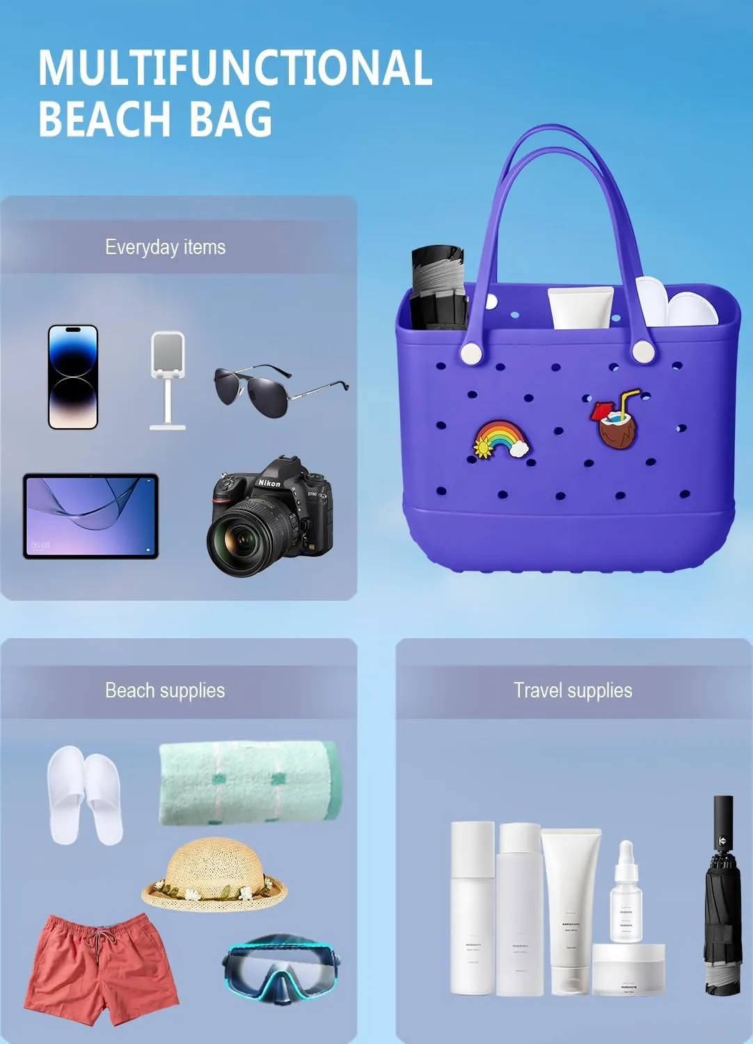 Beach Bag Rubber Tote Bag - Waterproof Travel Bag for Women Washable Tote Bag Handbag for Sports Beach Market Pool