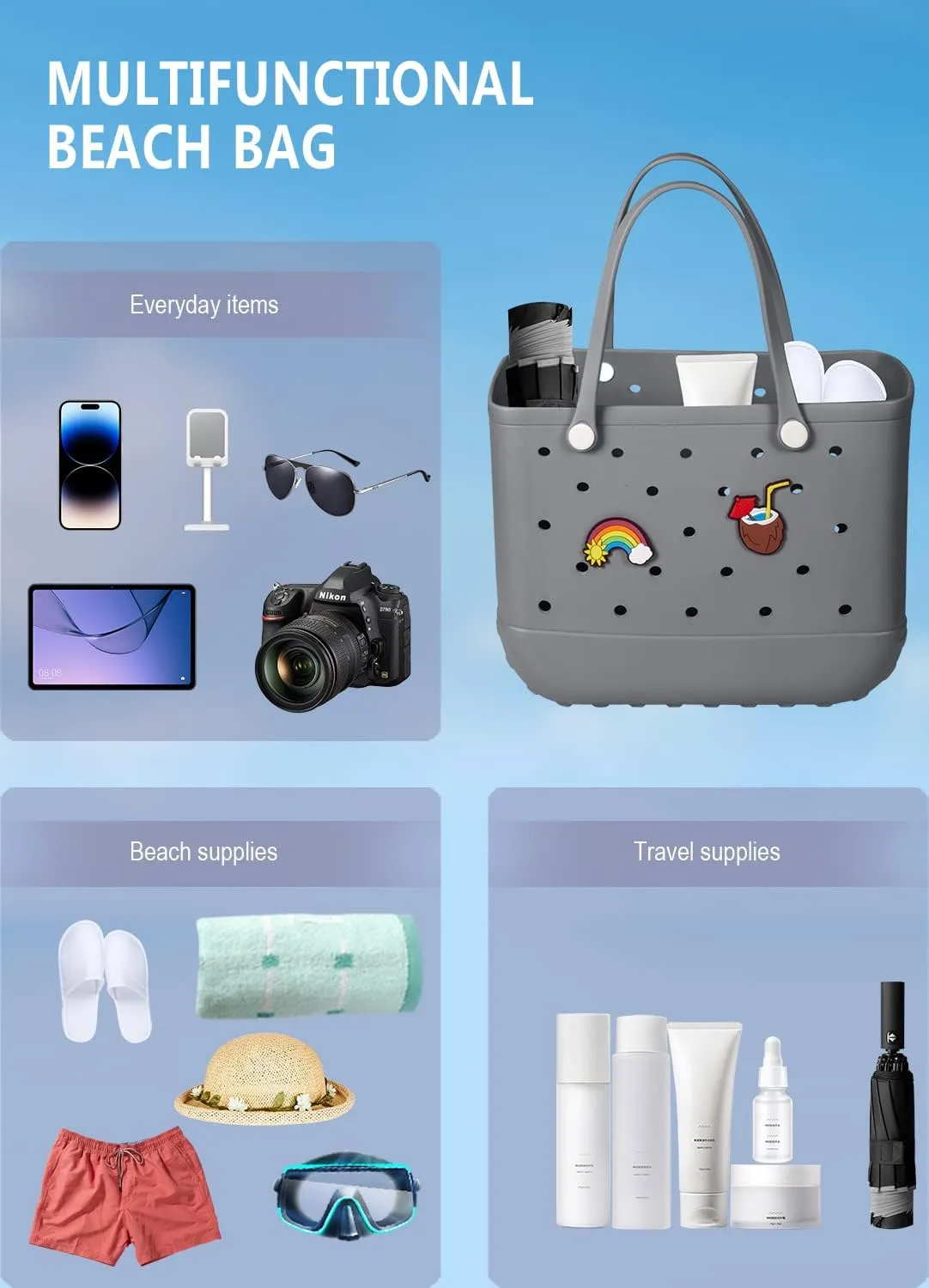Beach Bag Rubber Tote Bag Waterproof Travel Bags for Women Washable Tote Bag Handbag for Sports Beach Market Pool