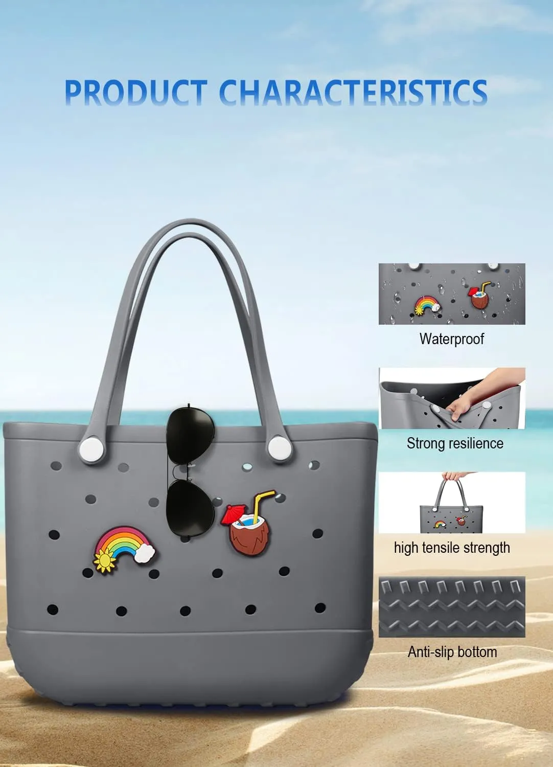 Beach Bag Rubber Tote Bag Waterproof Travel Bags for Women Washable Tote Bag Handbag for Sports Beach Market Pool