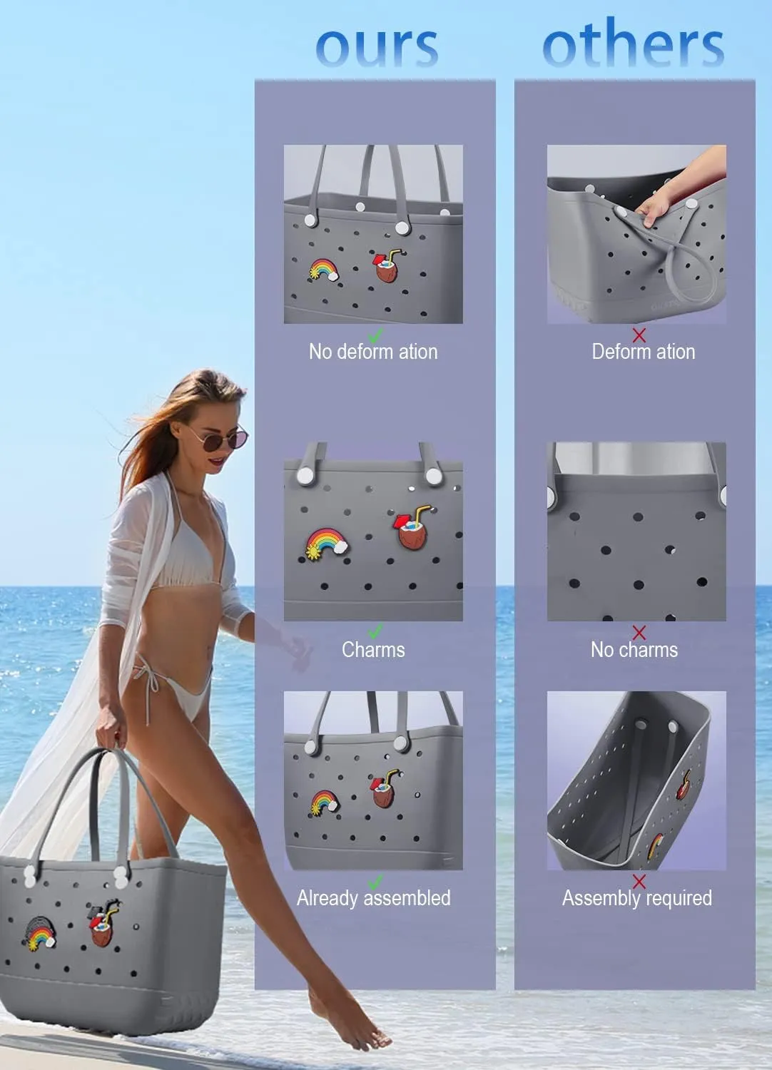 Beach Bag Rubber Tote Bag Waterproof Travel Bags for Women Washable Tote Bag Handbag for Sports Beach Market Pool