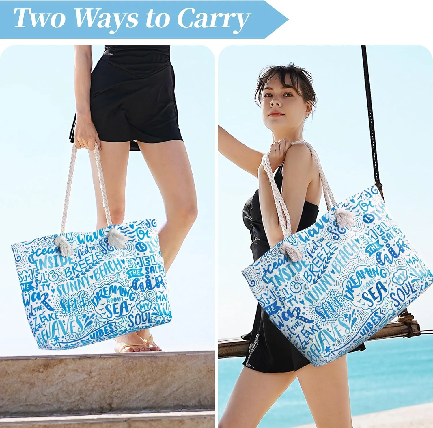 Beach Bags for Women - Large Beach Tote Bag, Women Sandproof Pool Bag for Pool Gym Grocery Travel