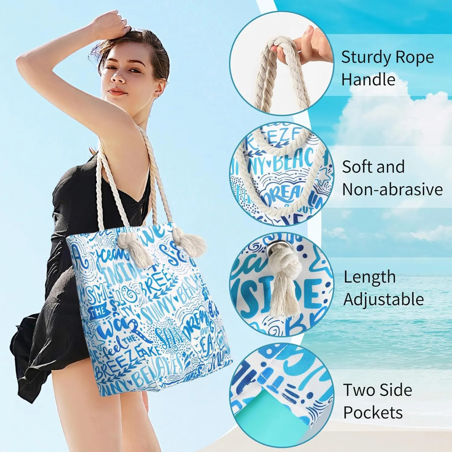Beach Bags for Women - Large Beach Tote Bag, Women Sandproof Pool Bag for Pool Gym Grocery Travel