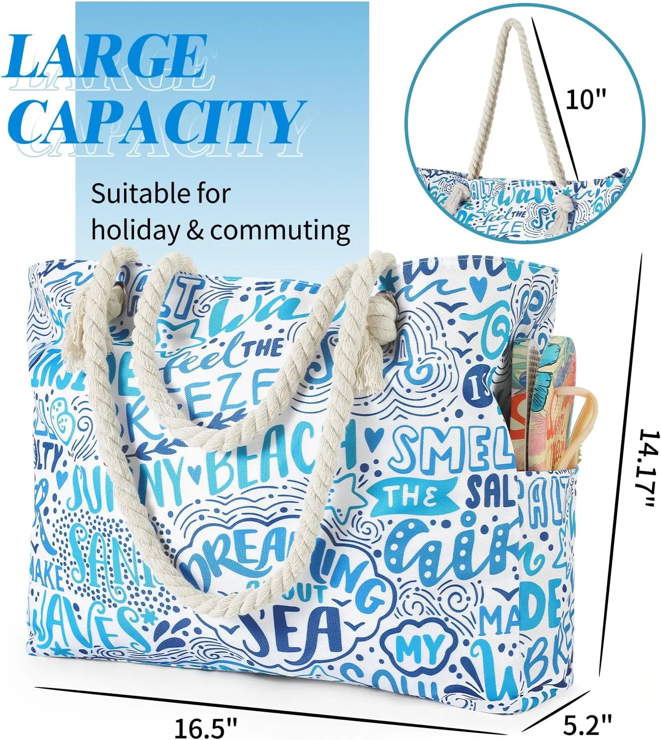 Beach Bags for Women - Large Beach Tote Bag, Women Sandproof Pool Bag for Pool Gym Grocery Travel