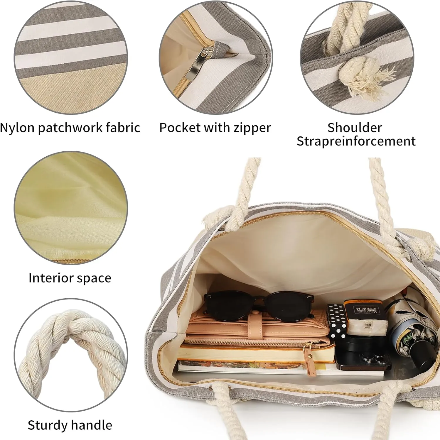 Beach Bags for Women Large Waterproof Tote Bag with Zipper Lightweight Canvas Reusable Grocery Shopping Shoulder Bag
