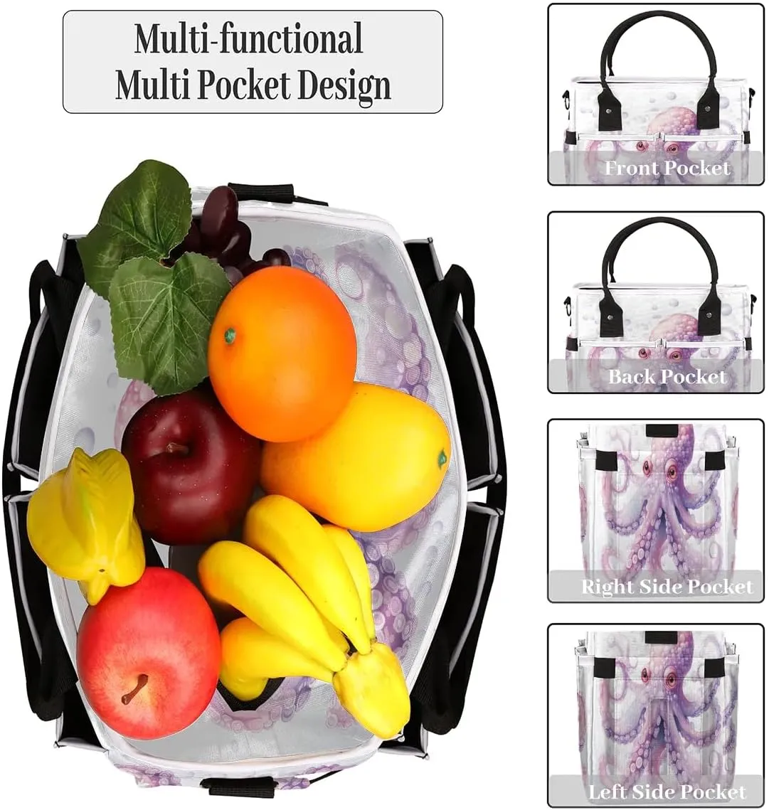 Beautiful Pink Octopus Lunch Bag Large Lunch Tote Bag, Leakproof Reusable Insulated Lunch Box Organizer for Work School Picnic Beach Hiking, Cooler Bag with Adjustable Shoulder Strap for Women Men