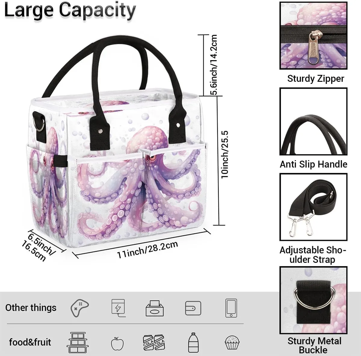 Beautiful Pink Octopus Lunch Bag Large Lunch Tote Bag, Leakproof Reusable Insulated Lunch Box Organizer for Work School Picnic Beach Hiking, Cooler Bag with Adjustable Shoulder Strap for Women Men