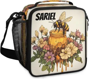 Bee Honey Jar Personalized Lunch Bag Insulated Leak Proof Lunch Box Flowers Reusable Tote Bag Organizer for Men Women with Adjustable Shoulder Strap