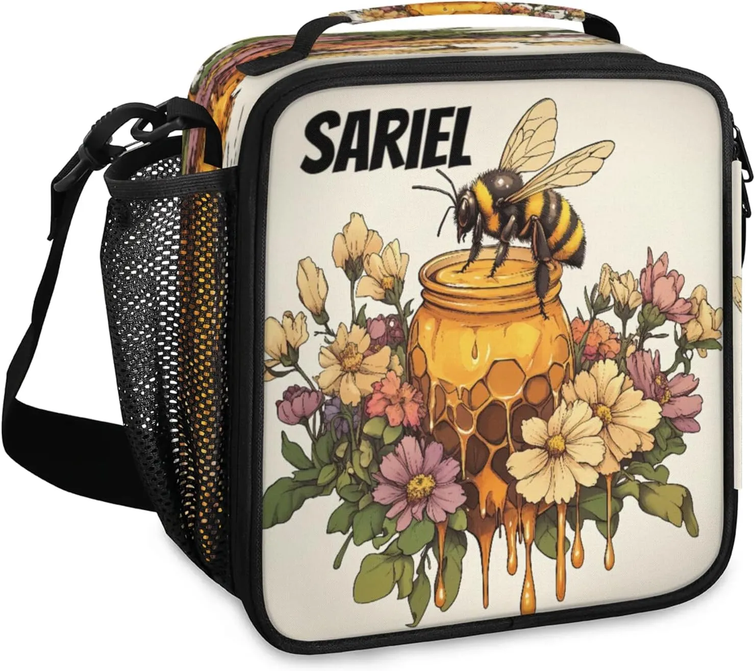 Bee Honey Jar Personalized Lunch Bag Insulated Leak Proof Lunch Box Flowers Reusable Tote Bag Organizer for Men Women with Adjustable Shoulder Strap