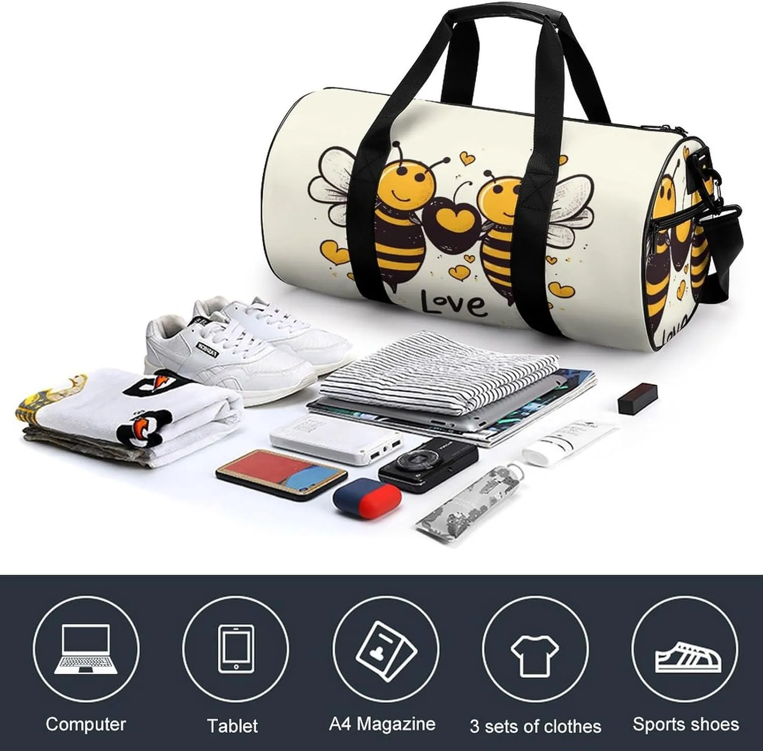 Bee Love Honey Gym Bag Small Travel Duffle Bag with Compartment Carry On Weekender Bag for Women Men