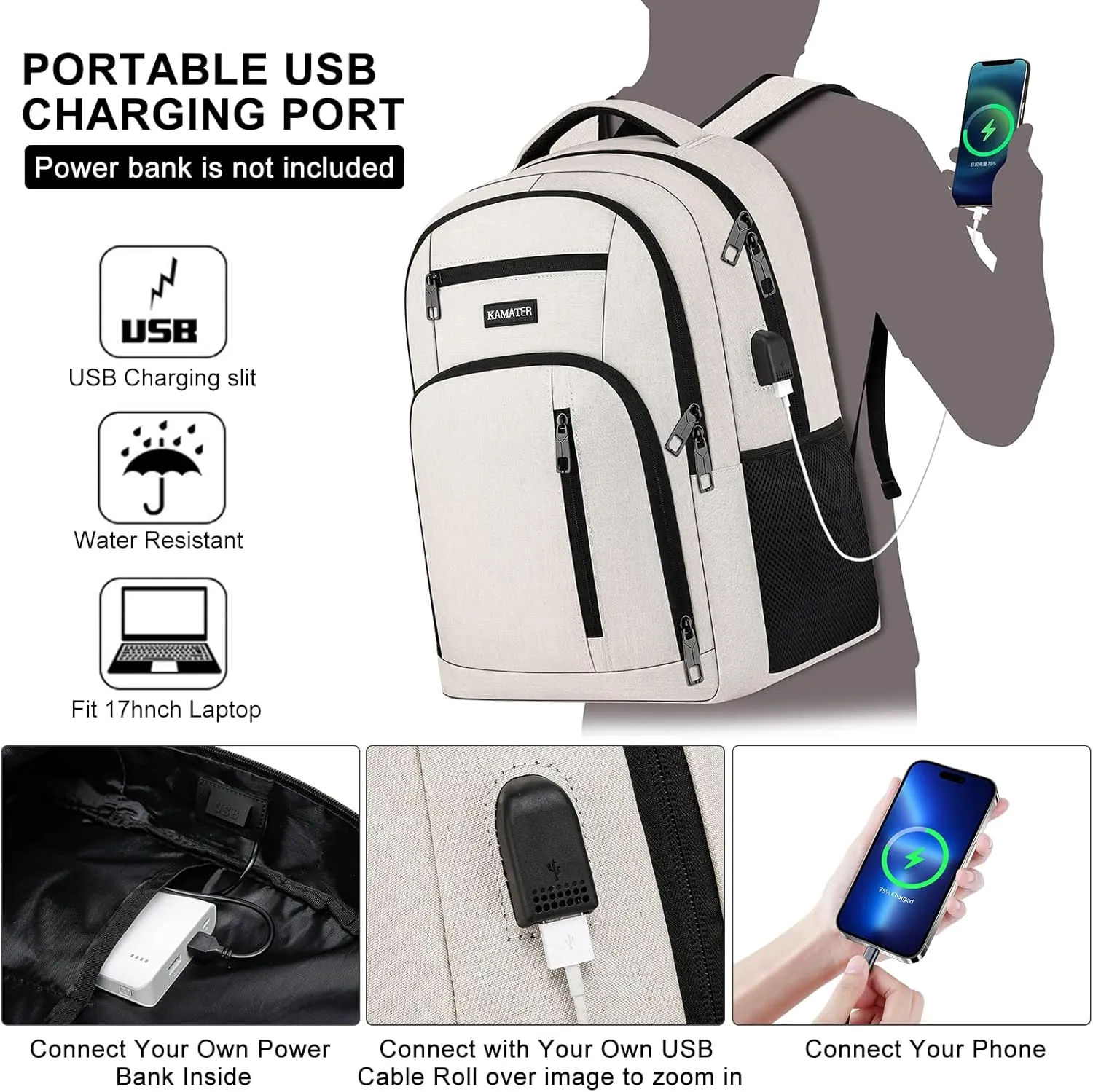 Beige Backpack for School, School BackPack for Teens, Boys and Girls, with 15.6 inch Laptop Bookbag for College High School, Large Computer Back Pack with Compartments for Men & Women