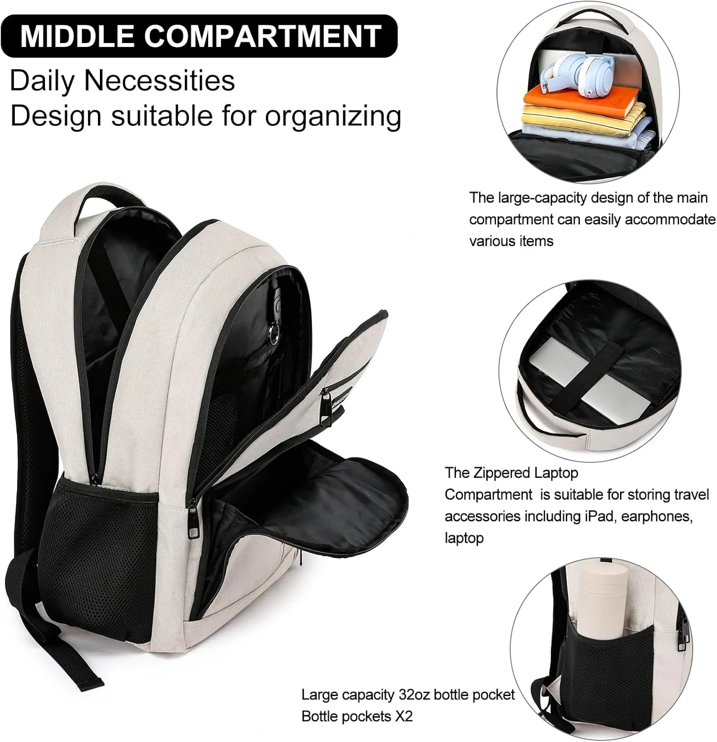Beige Backpack for School, School BackPack for Teens, Boys and Girls, with 15.6 inch Laptop Bookbag for College High School, Large Computer Back Pack with Compartments for Men & Women